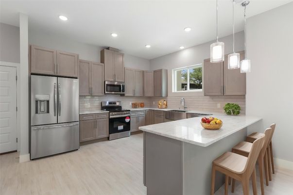 Interior, Kitchen, Pendant Lights, Recessed Lighting, Stainless Steel Appliances, Wood Texture Flooring