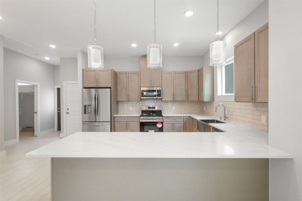 Interior, Kitchen, Pendant Lights, Recessed Lighting, Stainless Steel Appliances, Wood Texture Flooring