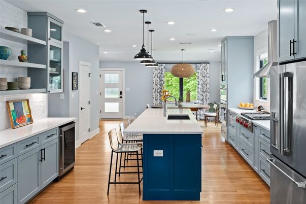 Interior, Kitchen, Pendant Lights, Recessed Lighting, Stainless Steel Appliances, Wood Texture Flooring