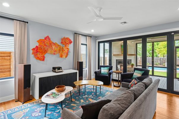 Fireplace, Interior, Living room, Recessed Lighting, Wood Texture Flooring