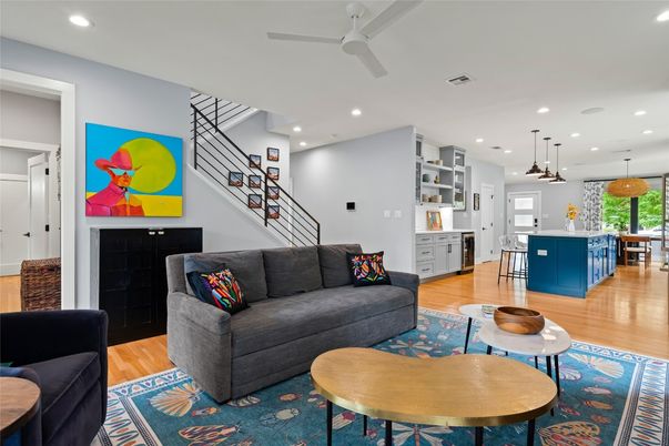 Fireplace, Interior, Kitchen, Living room, Pendant Lights, Recessed Lighting, Wood Texture Flooring