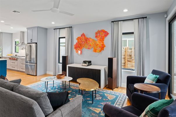 Interior, Kitchen, Living room, Recessed Lighting, Stainless Steel Appliances, Wood Texture Flooring