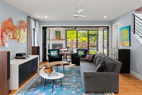 Fireplace, Interior, Living room, Recessed Lighting, Wood Texture Flooring