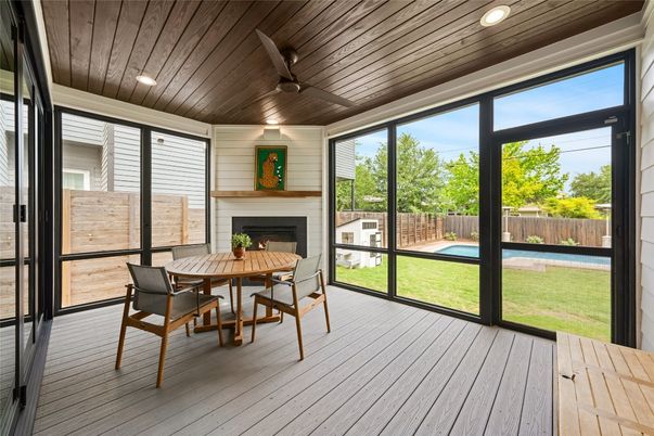 Dining room, Fireplace, Interior, Recessed Lighting, Sun Room, Wooden Ceilings, Wood Texture Flooring
