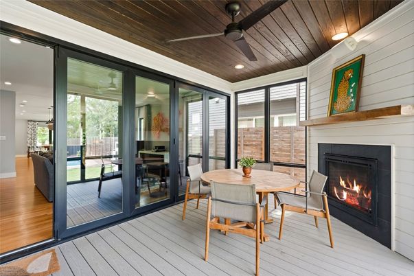Dining room, Fireplace, Interior, Recessed Lighting, Wooden Ceilings, Wood Texture Flooring