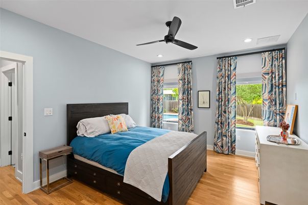 Bedroom, Interior, Recessed Lighting, Wood Texture Flooring