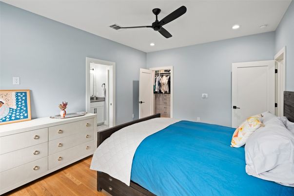 Bedroom, Interior, Recessed Lighting, Wood Texture Flooring