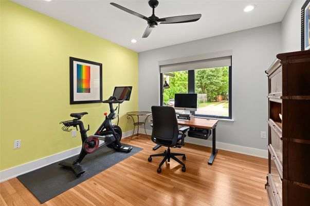 Fitness Equipment, Home Office, Interior, Recessed Lighting, Wood Texture Flooring