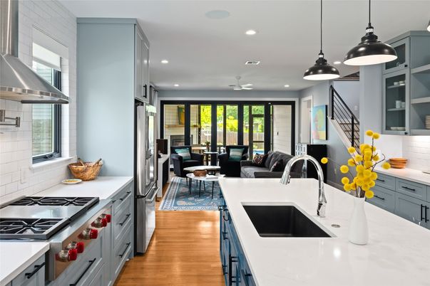 Dining room, Interior, Kitchen, Living room, Pendant Lights, Recessed Lighting, Stainless Steel Appliances, Wood Texture Flooring
