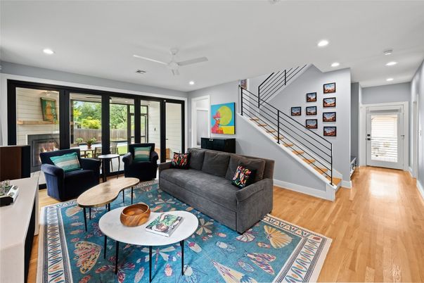 Fireplace, Interior, Living room, Recessed Lighting, Wood Texture Flooring