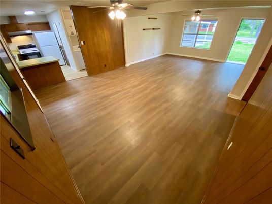Empty room, Interior, Kitchen, Recessed Lighting, Wood Texture Flooring