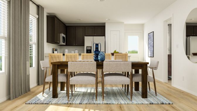 Dining room, Interior, Kitchen, Recessed Lighting, Wood Texture Flooring