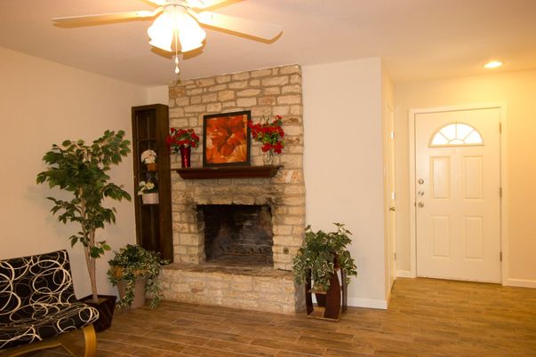 Fireplace, Interior, Recessed Lighting, Wood Texture Flooring
