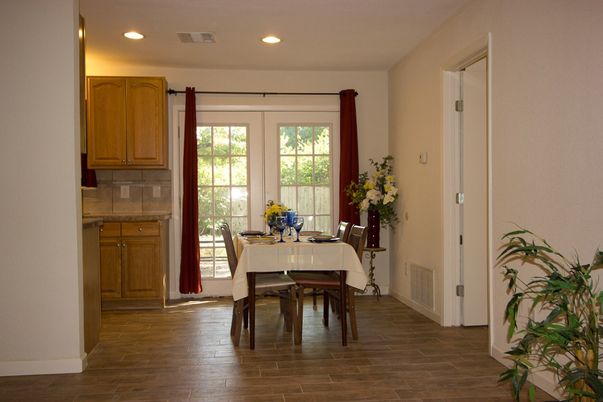 Dining room, Interior, Recessed Lighting, Wood Texture Flooring