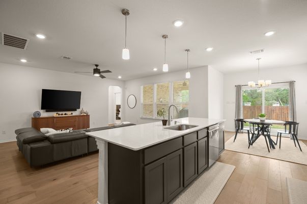 Dining room, Interior, Kitchen, Living room, Pendant Lights, Recessed Lighting, Wood Texture Flooring