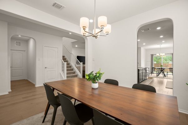 Chandelier, Dining room, Interior, Recessed Lighting, Wood Texture Flooring