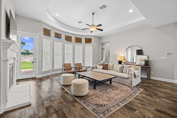 Fireplace, Interior, Living room, Recessed Lighting, Wood Texture Flooring