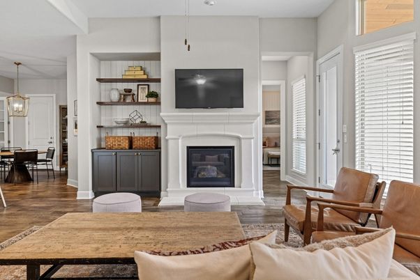 Dining room, Fireplace, Interior, Living room, Pendant Lights, Wood Texture Flooring