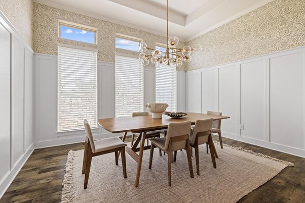 Dining room, Interior, Pendant Lights, Wood Texture Flooring