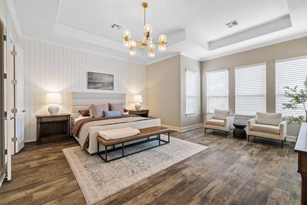 Bedroom, Interior, Pendant Lights, Wood Texture Flooring
