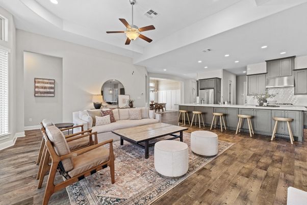 Interior, Kitchen, Living room, Recessed Lighting, Stainless Steel Appliances, Wood Texture Flooring