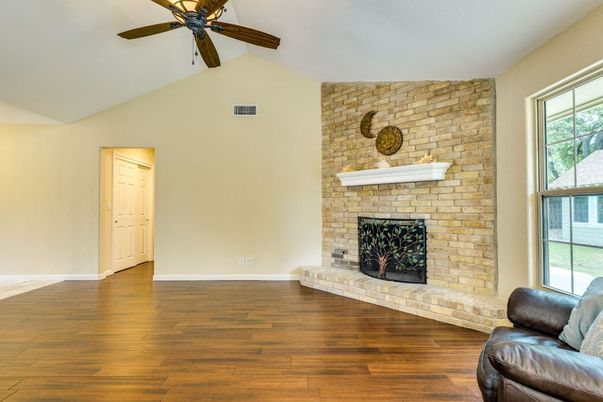 Empty room, Fireplace, Interior, Stone Walls, Wood Texture Flooring
