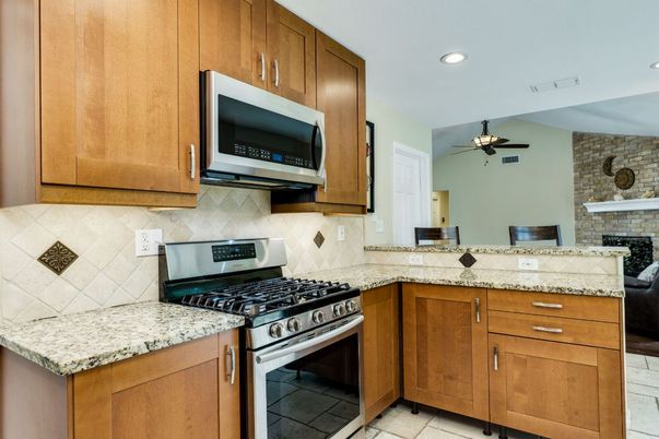 Fireplace, Interior, Kitchen, Recessed Lighting, Stone Walls