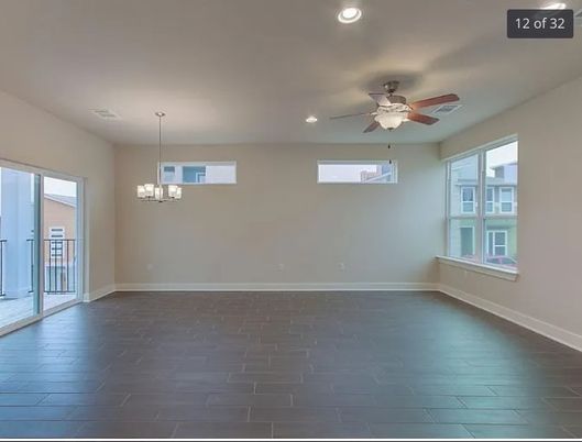 Chandelier, Empty room, Interior, Pendant Lights, Recessed Lighting, Wood Texture Flooring