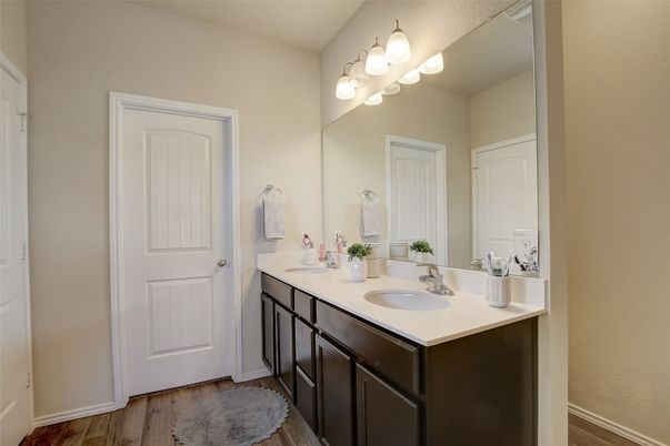 Bathroom, Dual Sink Vanities, Interior, Wood Texture Flooring