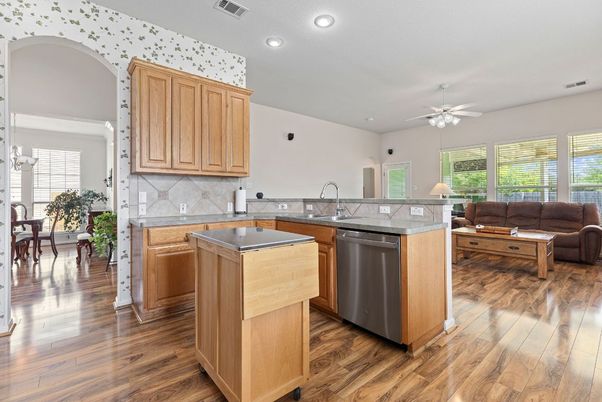 Dining room, Interior, Kitchen, Living room, Recessed Lighting, Wood Texture Flooring