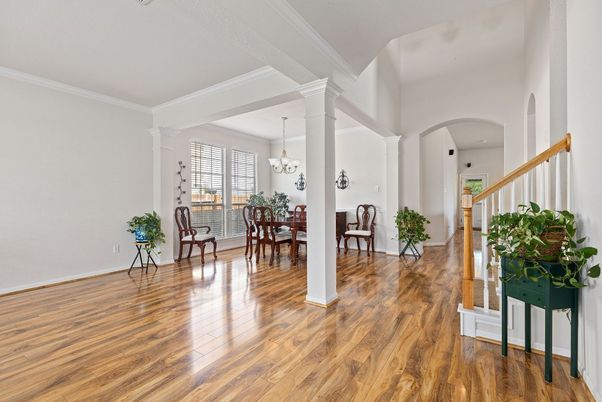 Chandelier, Dining room, Interior, Wood Texture Flooring