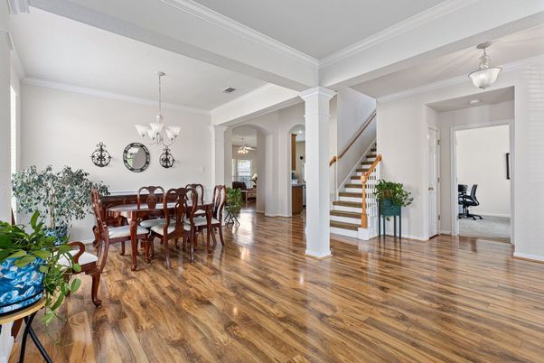 Chandelier, Dining room, Interior, Wood Texture Flooring