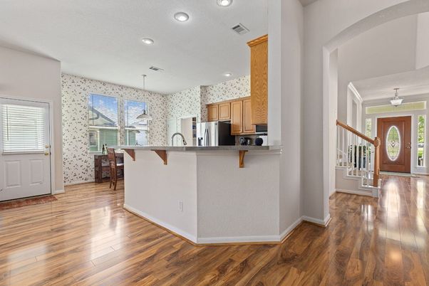 Interior, Kitchen, Recessed Lighting, Wood Texture Flooring