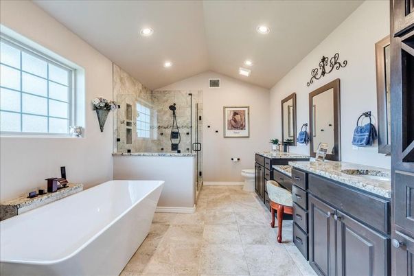 Bathroom, Dual Sink Vanities, Free Standing Baths, Glass Shower, Interior, Recessed Lighting