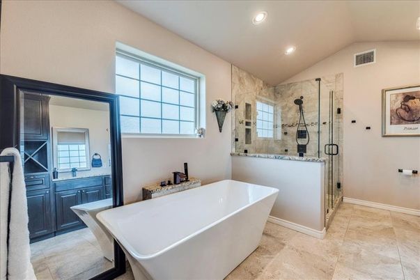 Bathroom, Free Standing Baths, Glass Shower, Interior, Recessed Lighting