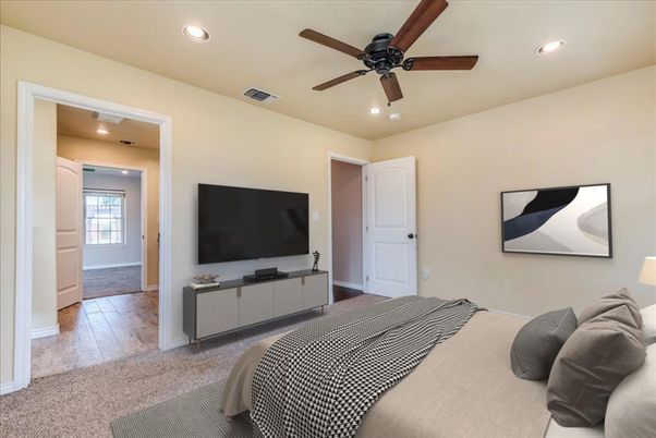 Bedroom, Interior, Recessed Lighting, Wood Texture Flooring