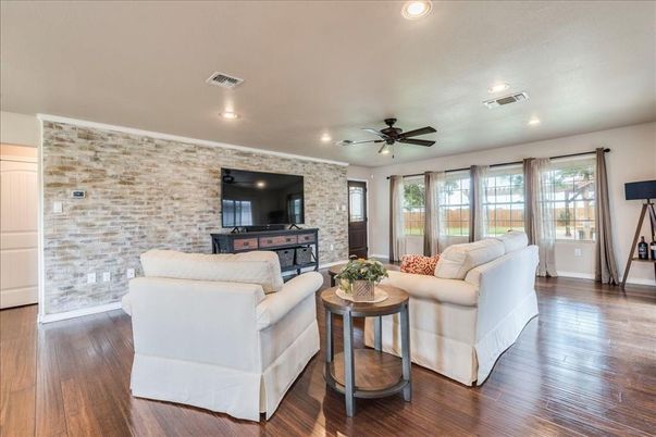 Interior, Living room, Recessed Lighting, Stone Walls, Wood Texture Flooring