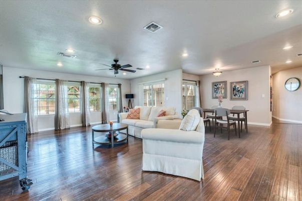 Dining room, Interior, Living room, Recessed Lighting, Wood Texture Flooring