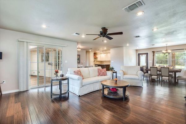 Chandelier, Dining room, Interior, Kitchen, Living room, Pendant Lights, Recessed Lighting, Wood Texture Flooring