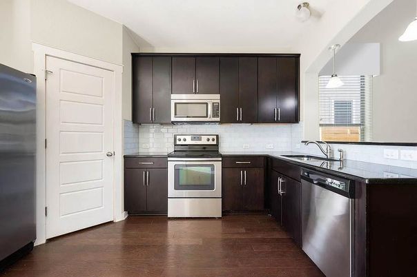 Interior, Kitchen, Pendant Lights, Stainless Steel Appliances, Wood Texture Flooring