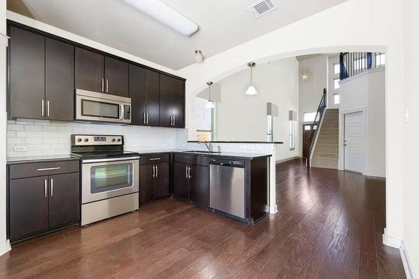 Interior, Kitchen, Pendant Lights, Stainless Steel Appliances, Wood Texture Flooring