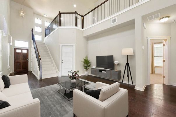 Interior, Living room, Pendant Lights, Recessed Lighting, Wood Texture Flooring