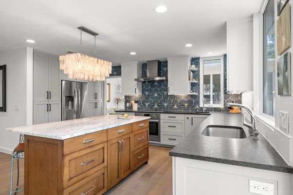Chandelier, Interior, Kitchen, Recessed Lighting, Stainless Steel Appliances, Wood Texture Flooring