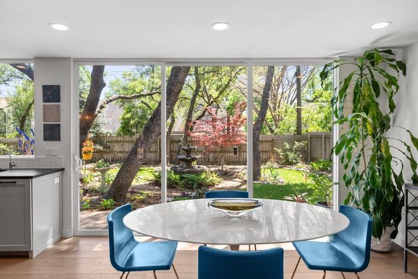 Dining room, Interior, Recessed Lighting, Wood Texture Flooring