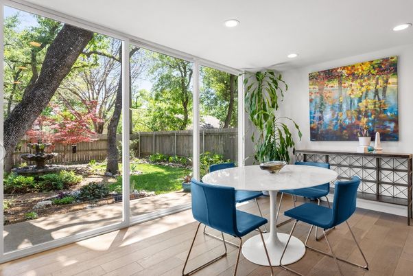 Dining room, Interior, Recessed Lighting, Wood Texture Flooring