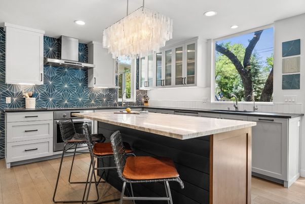 Chandelier, Interior, Kitchen, Recessed Lighting, Stainless Steel Appliances, Wood Texture Flooring