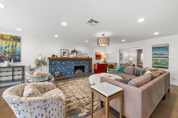 Fireplace, Interior, Living room, Recessed Lighting, Wood Texture Flooring