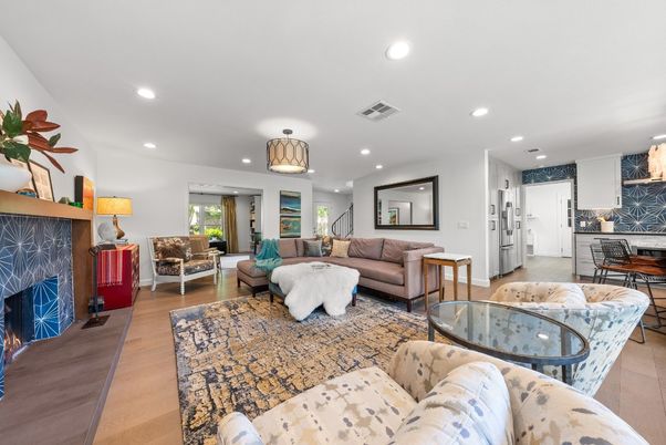 Dining room, Fireplace, Interior, Living room, Recessed Lighting, Wood Texture Flooring