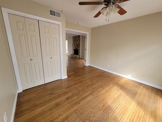 Empty room, Fireplace, Interior, Stone Walls, Wood Texture Flooring