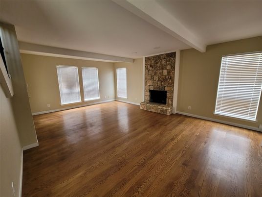 Empty room, Fireplace, Interior, Stone Walls, Wood Texture Flooring